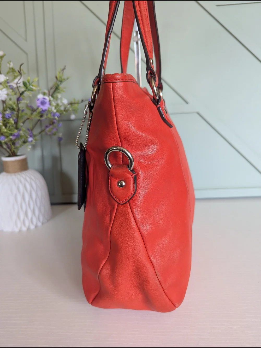 Coach Red Leather Tote Bag with Front Zip Pocket